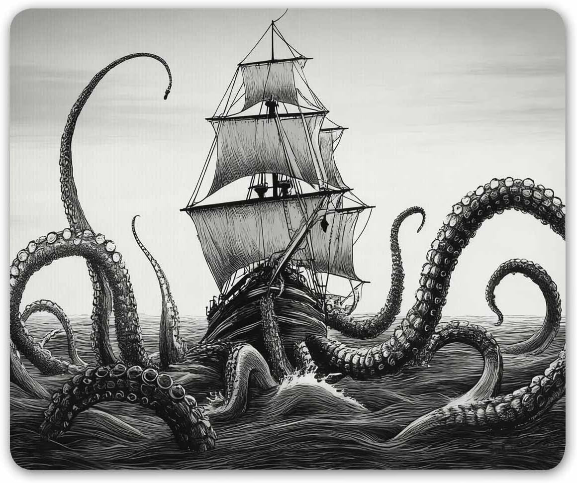 Kraken Mouse Pad Sail Boat Waves and Octopus Non-Slip Rubber Mouse Pad Gaming Mouse Pad