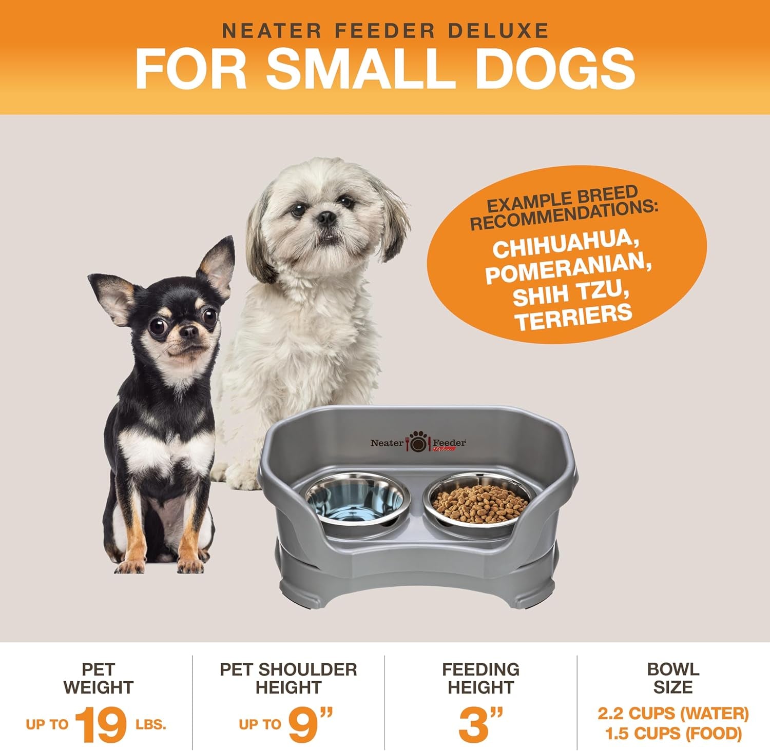 Neater Feeder - Deluxe Model - Mess-Proof Dog Bowls (Small, Gunmetal Grey) - Made in USA - Elevated, No Spill, Non-Tip, Non-Slip, Raised Stainless Steel Food & Water Pet Bowls