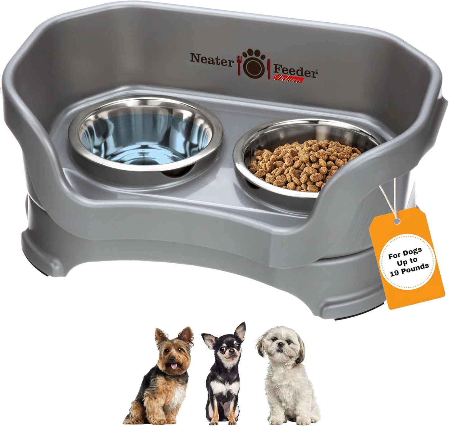 Neater Feeder - Deluxe Model - Mess-Proof Dog Bowls (Small, Gunmetal Grey) - Made in USA - Elevated, No Spill, Non-Tip, Non-Slip, Raised Stainless Steel Food & Water Pet Bowls